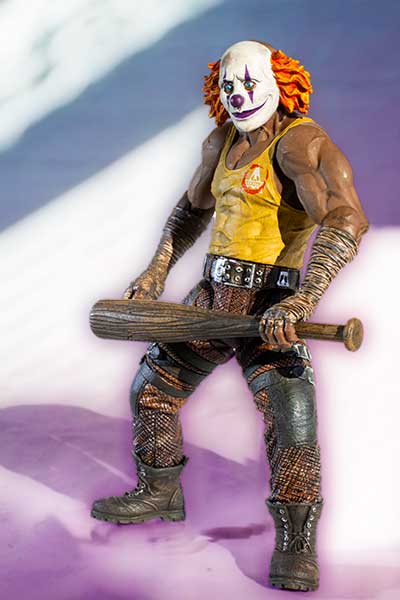 muscle-bound clown with baseball bat