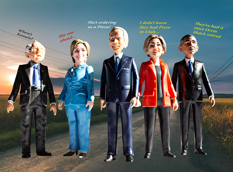 Bernie Sanders, Hillary Clinton, Joe Biden, Liz  Warren and Barak Obama, on the road