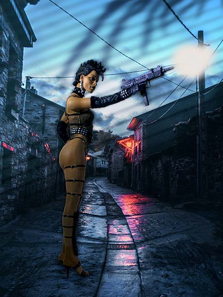 Gail from Sin City fires Uzi in the alley