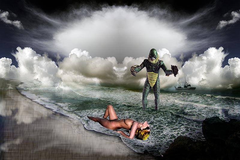 Creature from the Black Lagoon and nude blond at t he beach